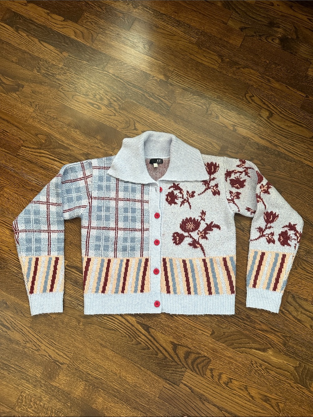 Kut from the Cloth WomenFloral & Plaid Button-Up Sweater — Light Gray & Burgundy